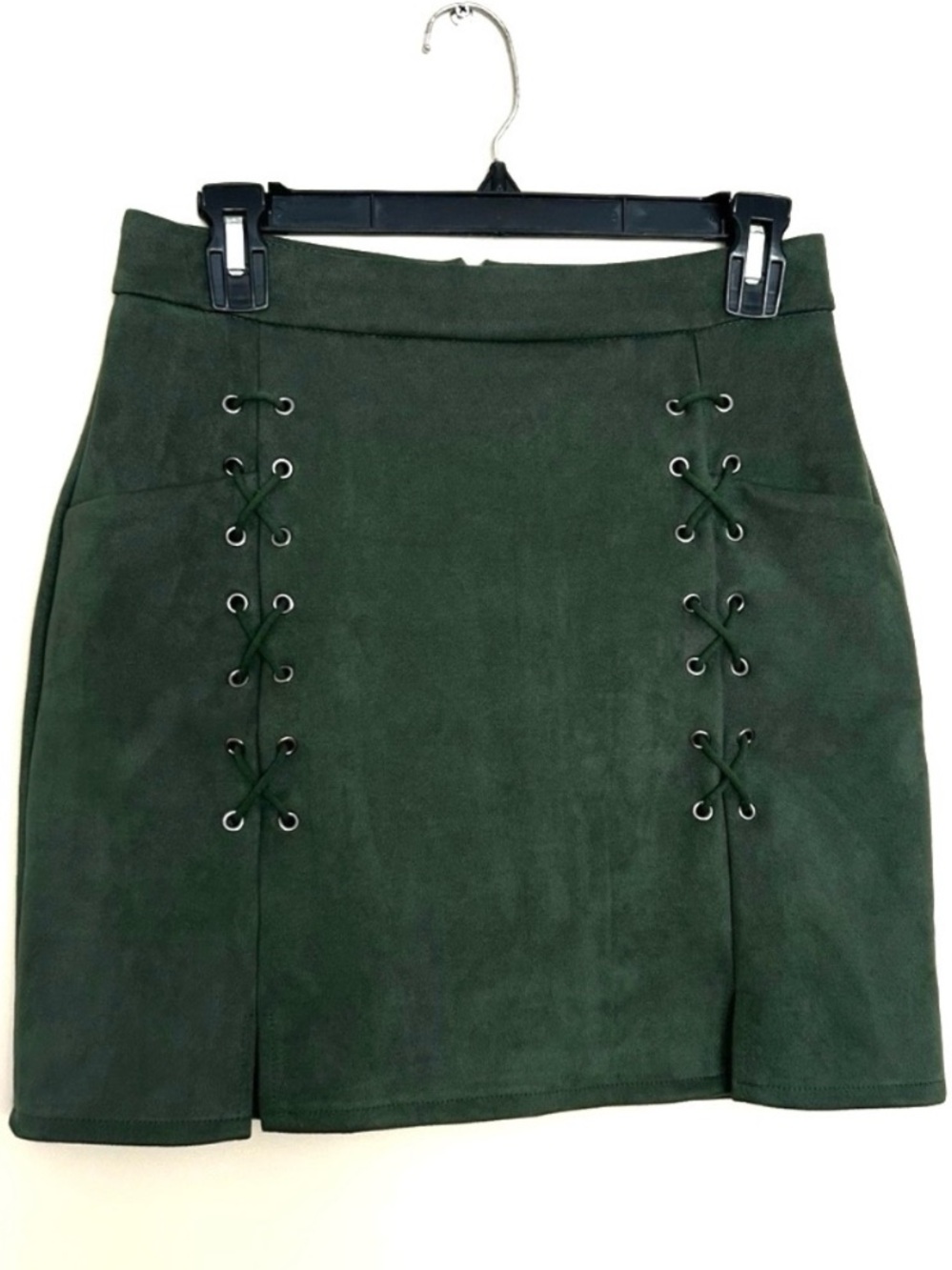 Classic Dark Green Suede-Look Lace-Up Mini Skirt